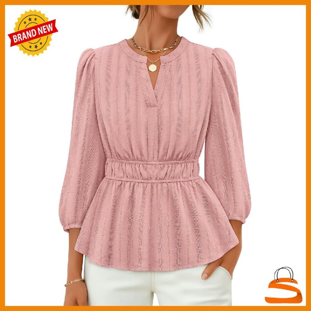 Babydoll Peplum Top V-Neck Puff Sleeve Blouse Lightweight Fall